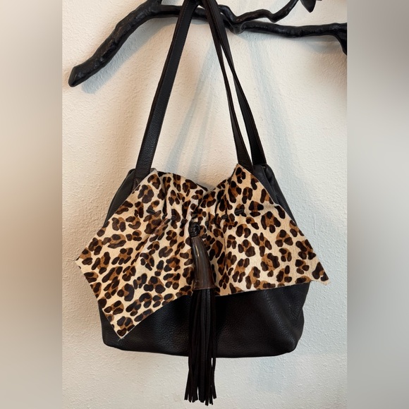 Viva Handbags - Viva Bags USA 🇺🇸 Brown Leather Shoulder Bag with Leopard Flap & Horn/Tassel